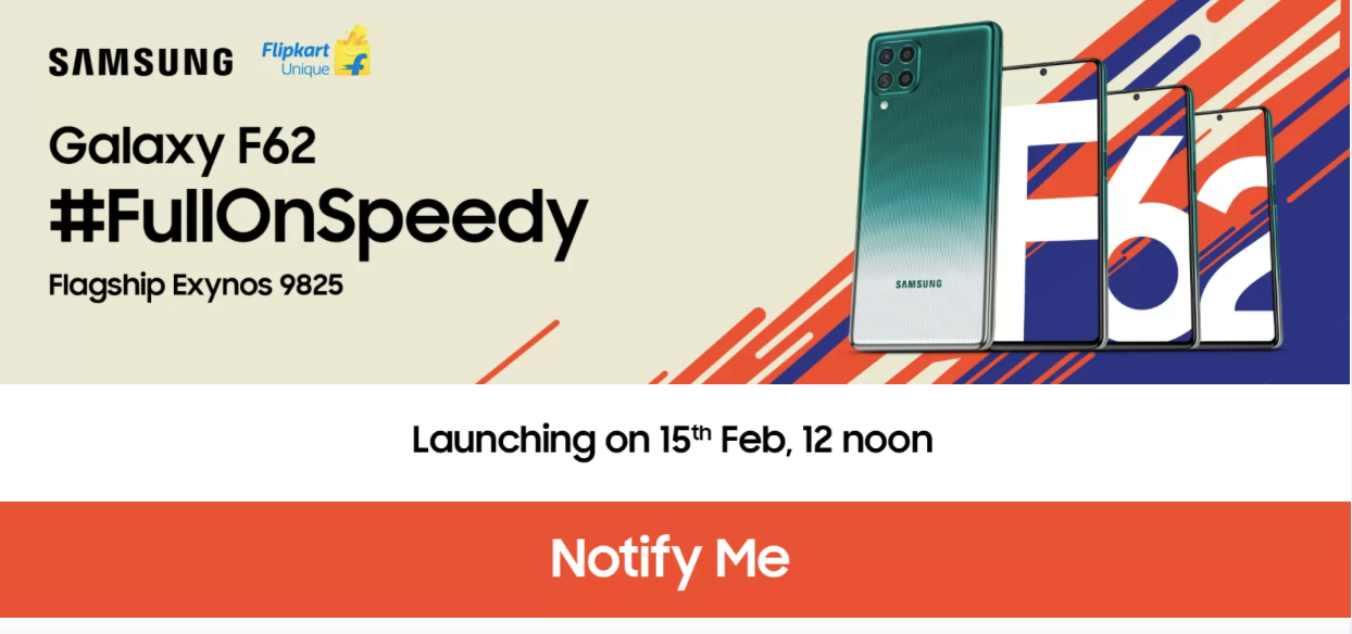 Samsung Galaxy F62 launch date in India, design, and chipset revealed