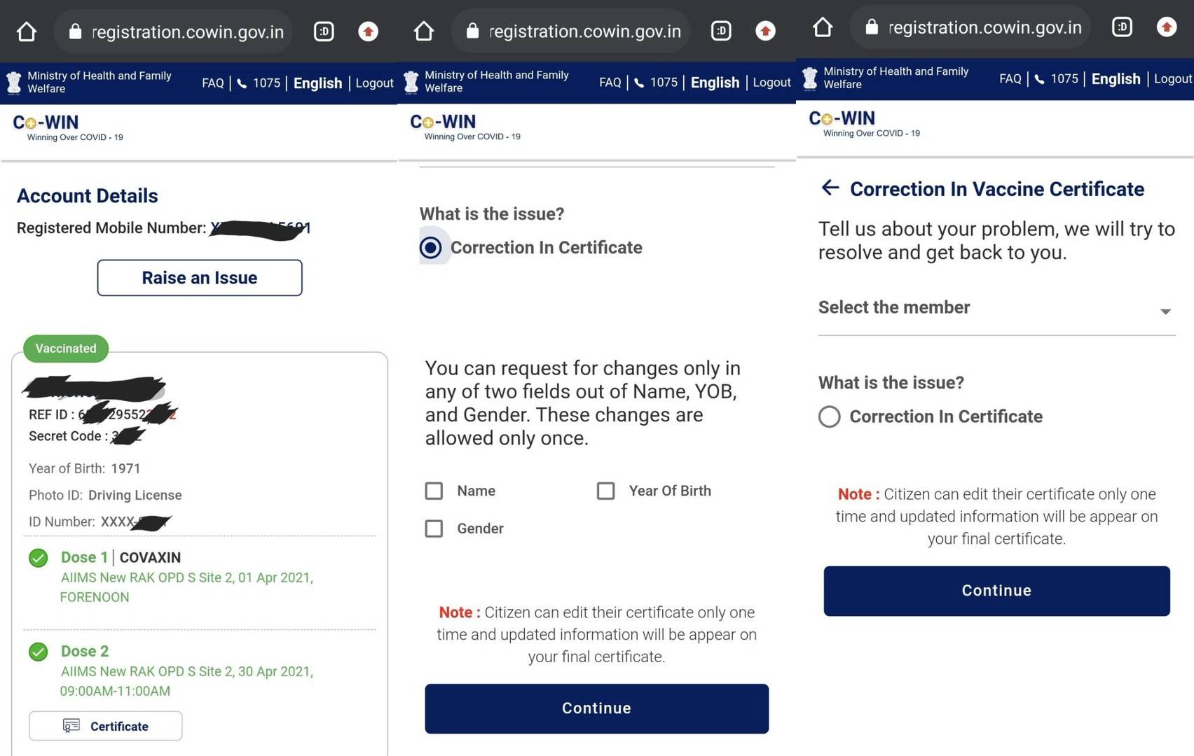 Covid vaccine certificate correction