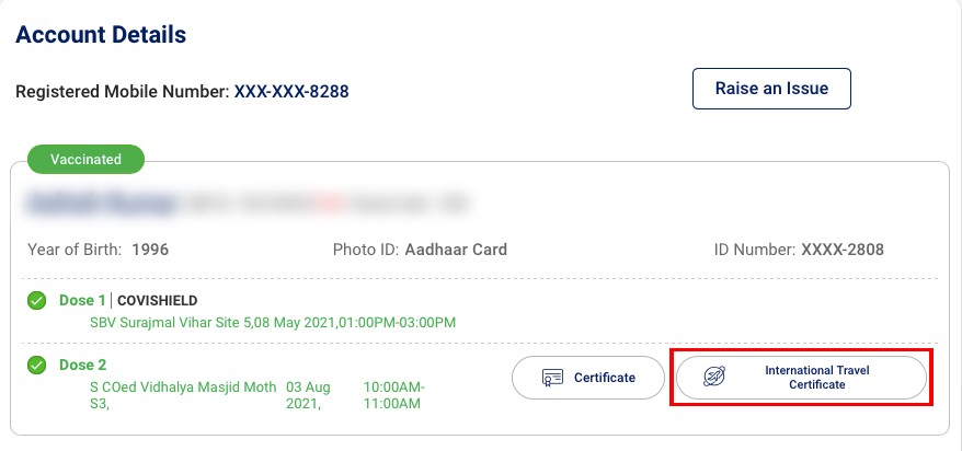 Internation travel certificate download