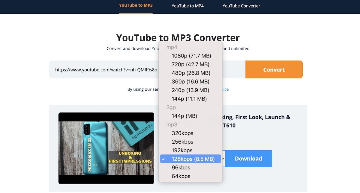 More audio version options in YoTube to MP3 tab