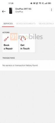 OnePlus 9RT official care app listing