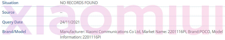 POCO X4 IMEI database listing