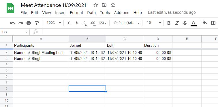 Google Meet attendance record in a spreadsheet