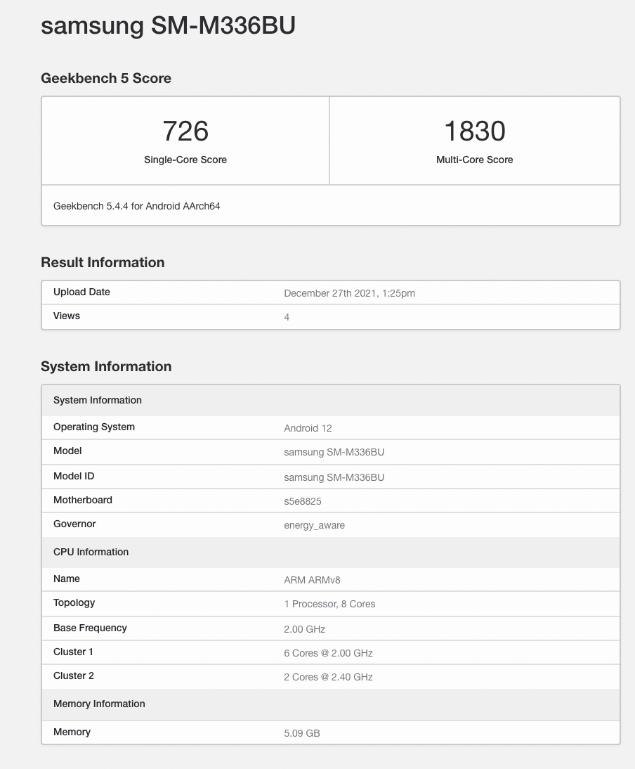 Samsung Galaxy M33 5G Geekbench