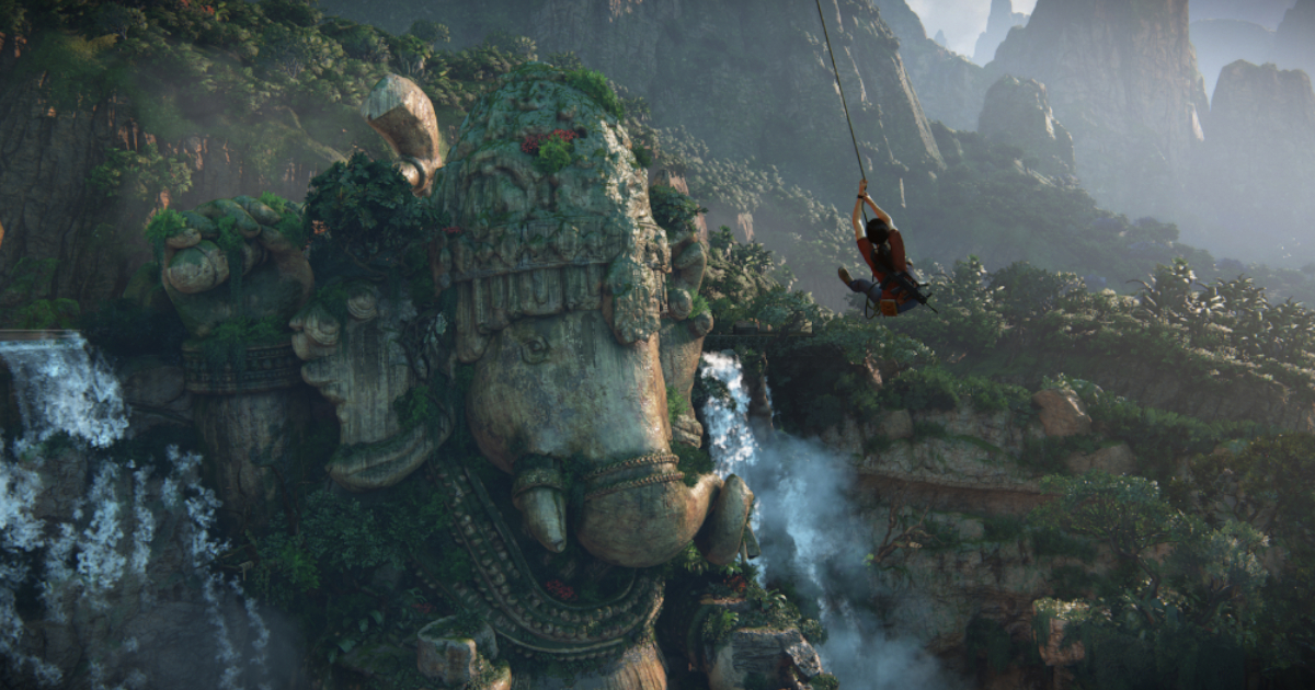 Uncharted: Legacy of Thieves - Chloe Frazer Swinging in front of Ganesha Mountain in Uncharted Lost Legacy