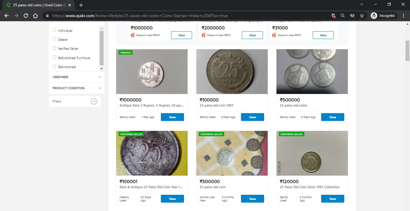 sell old coins and notes on Quikr