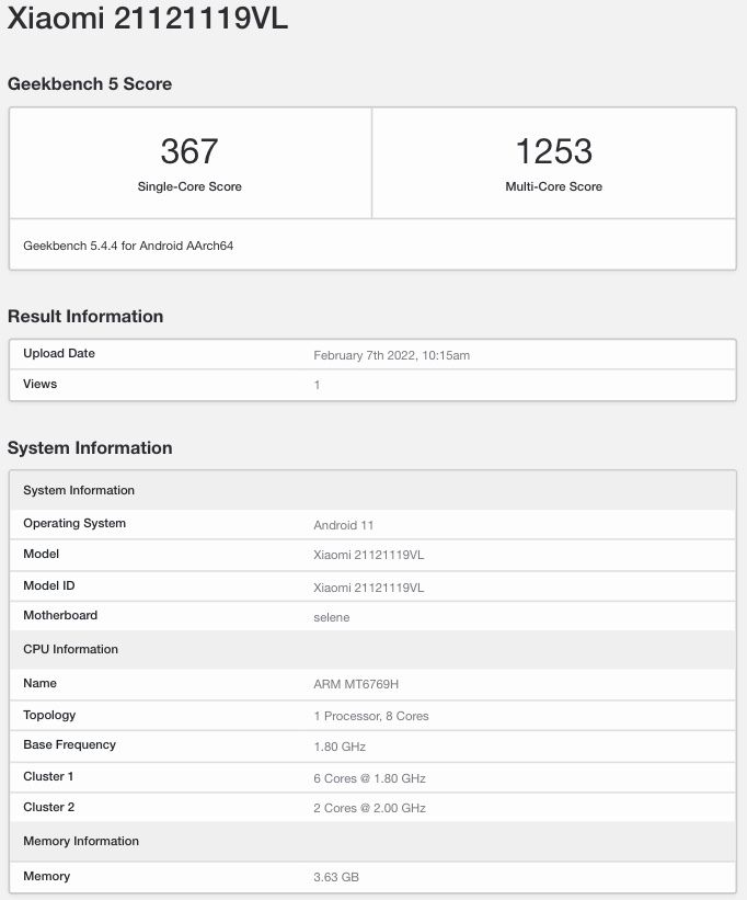 Redmi 10 2022 Geekbench