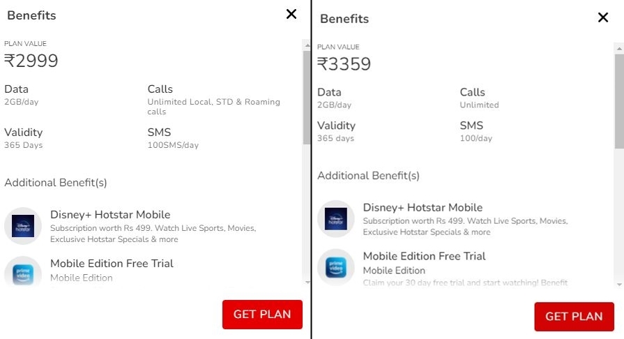Airtel Rs 2999 plan vs Rs 3359 plan