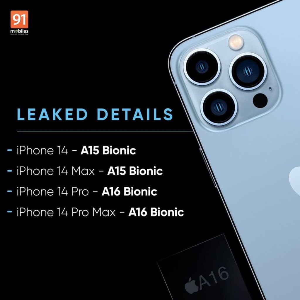 iPhone 14 tipped to be powered by A16 Bionic chipset, Pro models set to  feature a more powerful SoC | 91mobiles.com