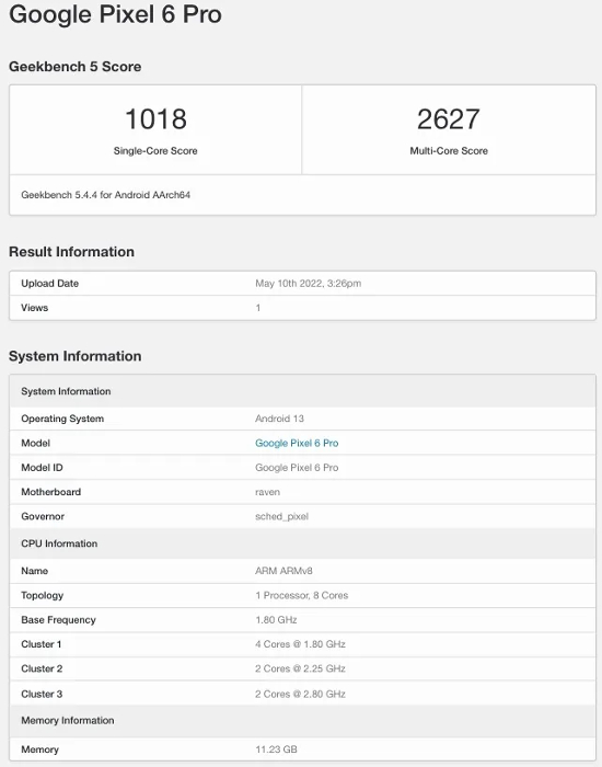 Pixel 6 Pro Geekbench