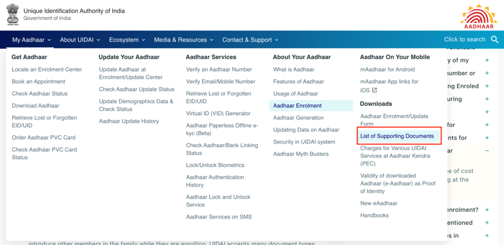 List of Supporting Documents for Aadhar Verification