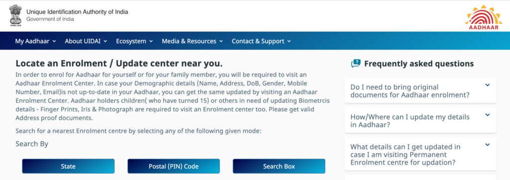 Locate Aadhaar enrolment centre online