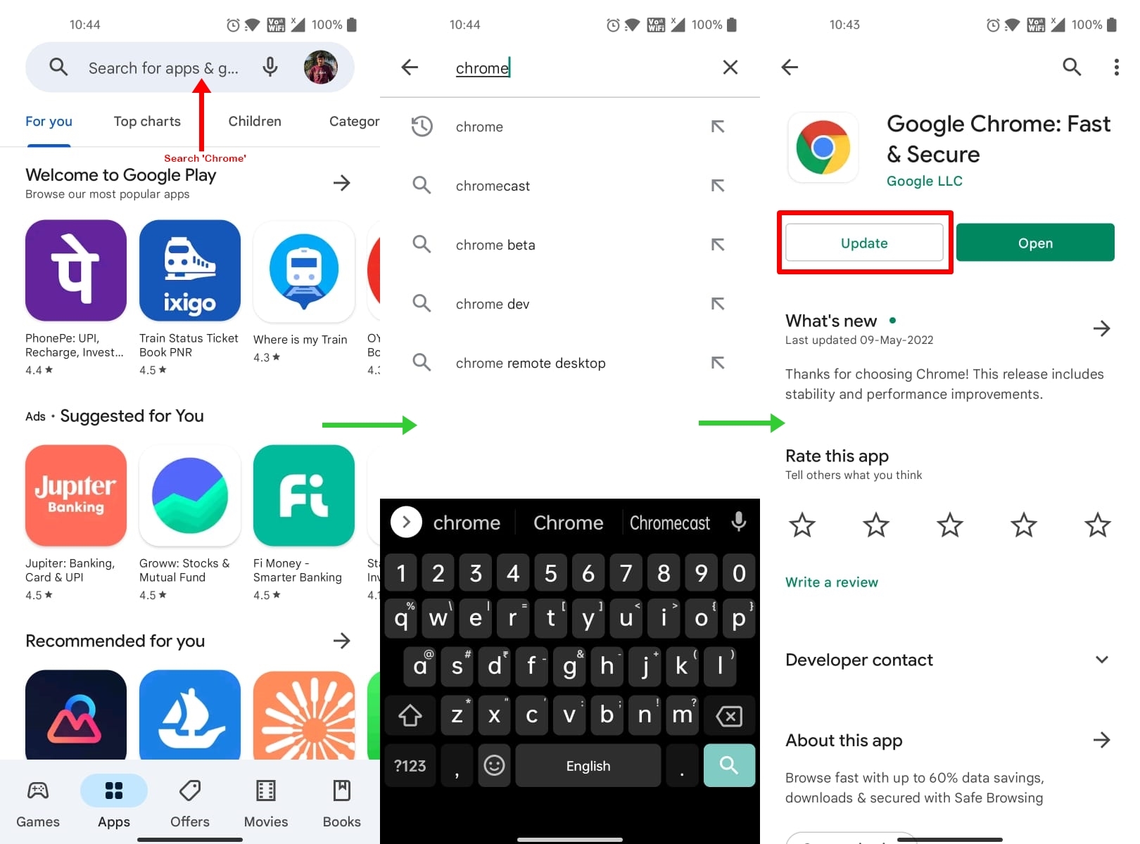 Update Google Chrome on Android phone