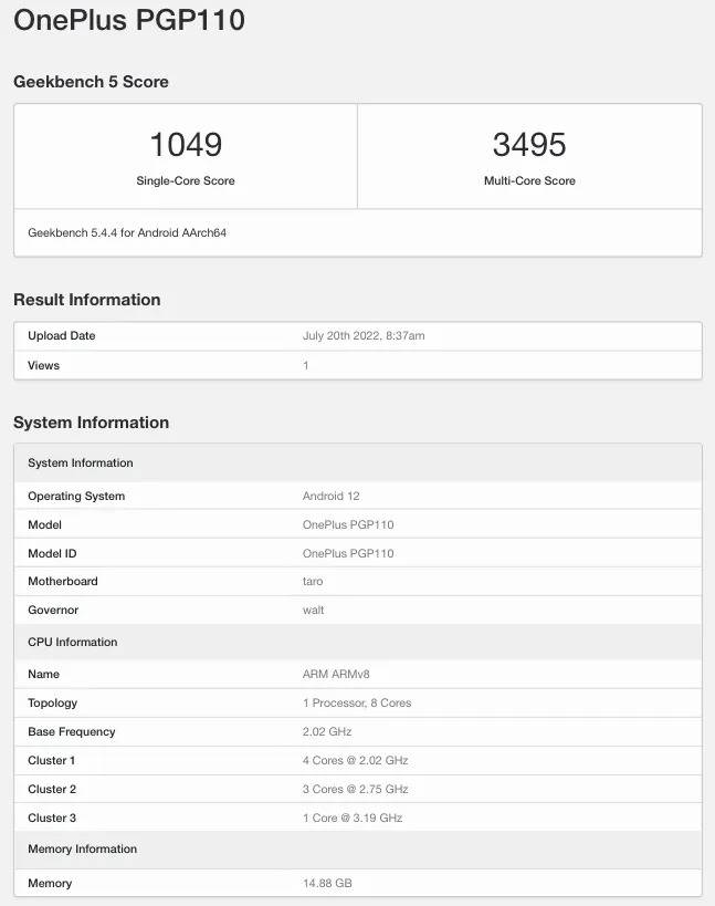 OnePlus 10T 5G Geekbench