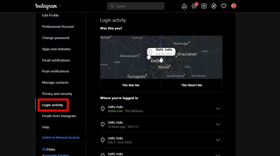 Check Instagram login activity on desktop