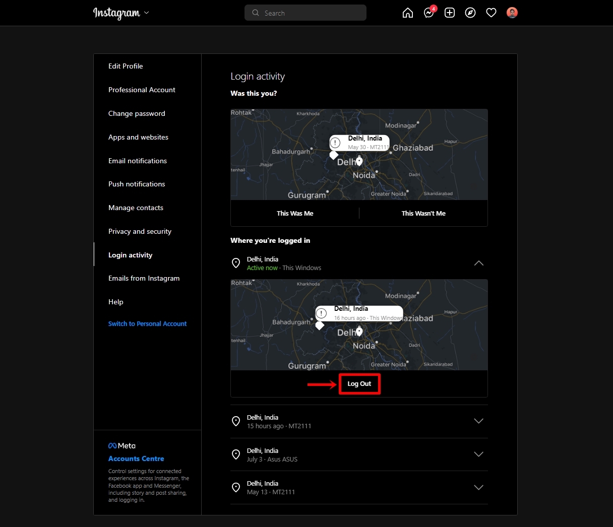 Delete Instagram login activity on desktop