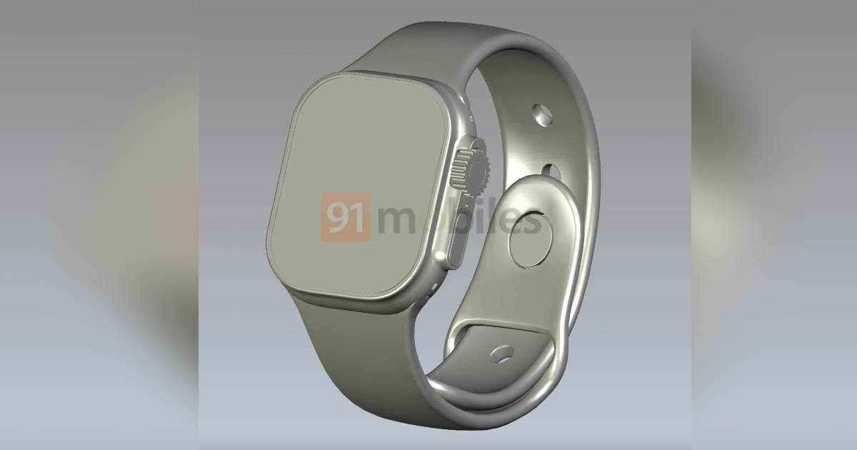 Leaked renders of Apple Watch Pro show a larger display, a protrusion with digital crown and side button on the right side, and an extra button on the left side (Sai Krishna/91mobiles)