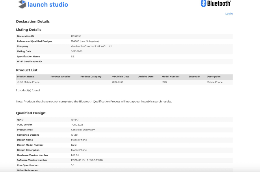 iQOO 11 Bluetooth SIG