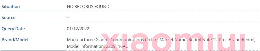 Redmi Note 12 Pro 4G IMEI listing