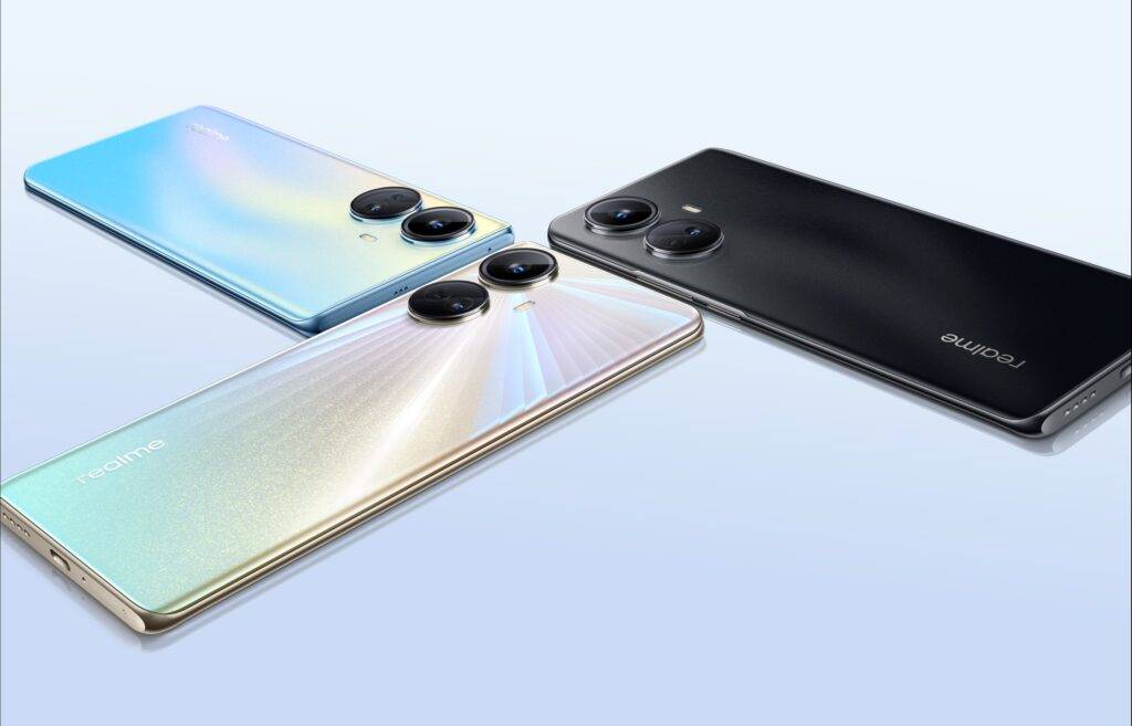 Realme 10 Pro seen in Nebula Blue, Dark Matter, Hyperspace colours