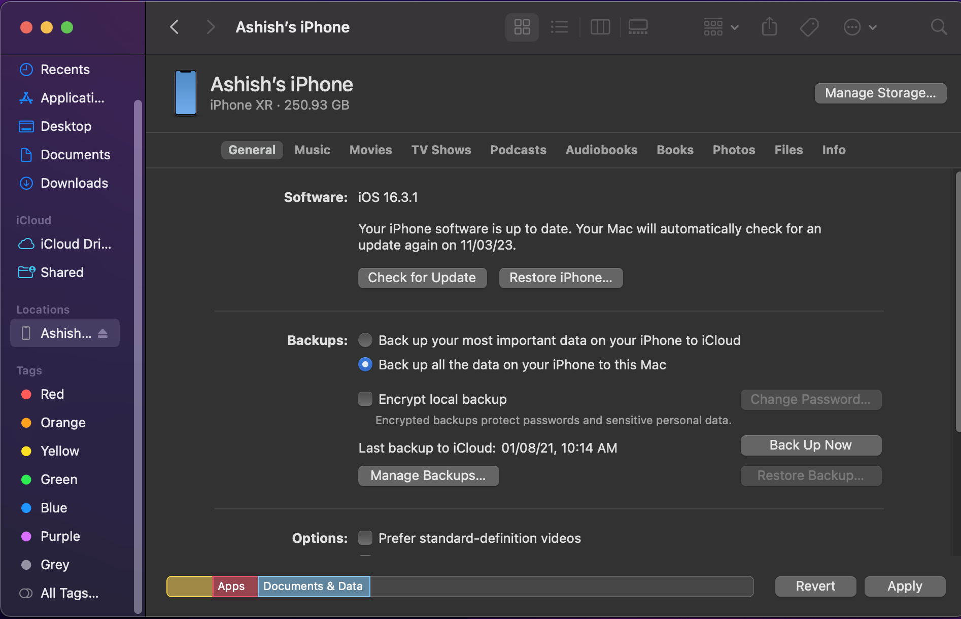 iPhone النسخ الاحتياطي باستخدام تطبيق Finder