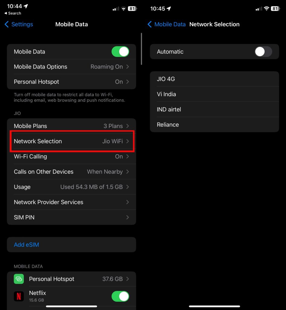 Disable automatic network selection