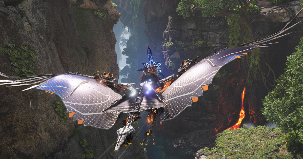 Aloy flying a Waterwing in Horizon Forbidden West Burning Shores