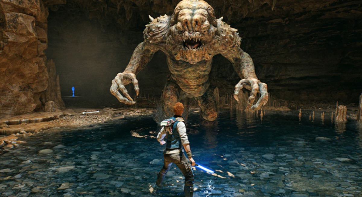 Cal Kestis battling a Rancor in Star Wars Jedi: Survivor