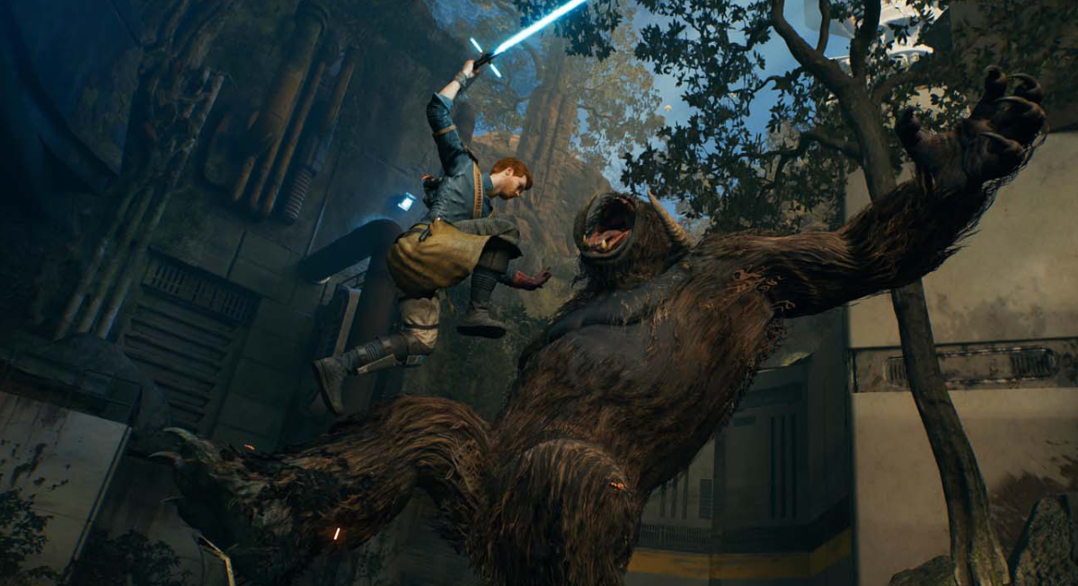 Cal Kestis fighting a Mogu in Star Wars Jedi: Survivor