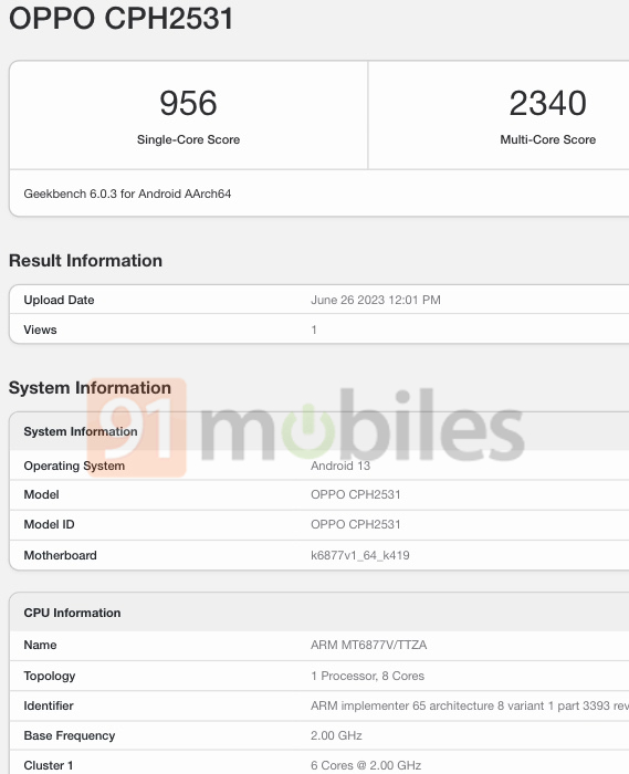 OPPO Reno10 5G (CPH2531) Geekbench