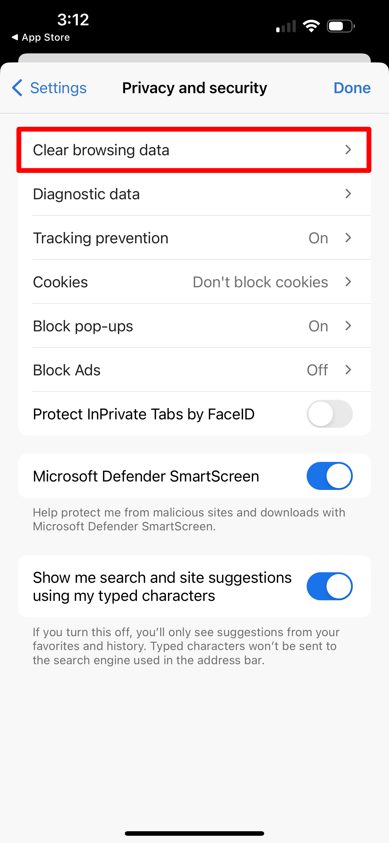 Clear Microsoft Edge cache on iPhone