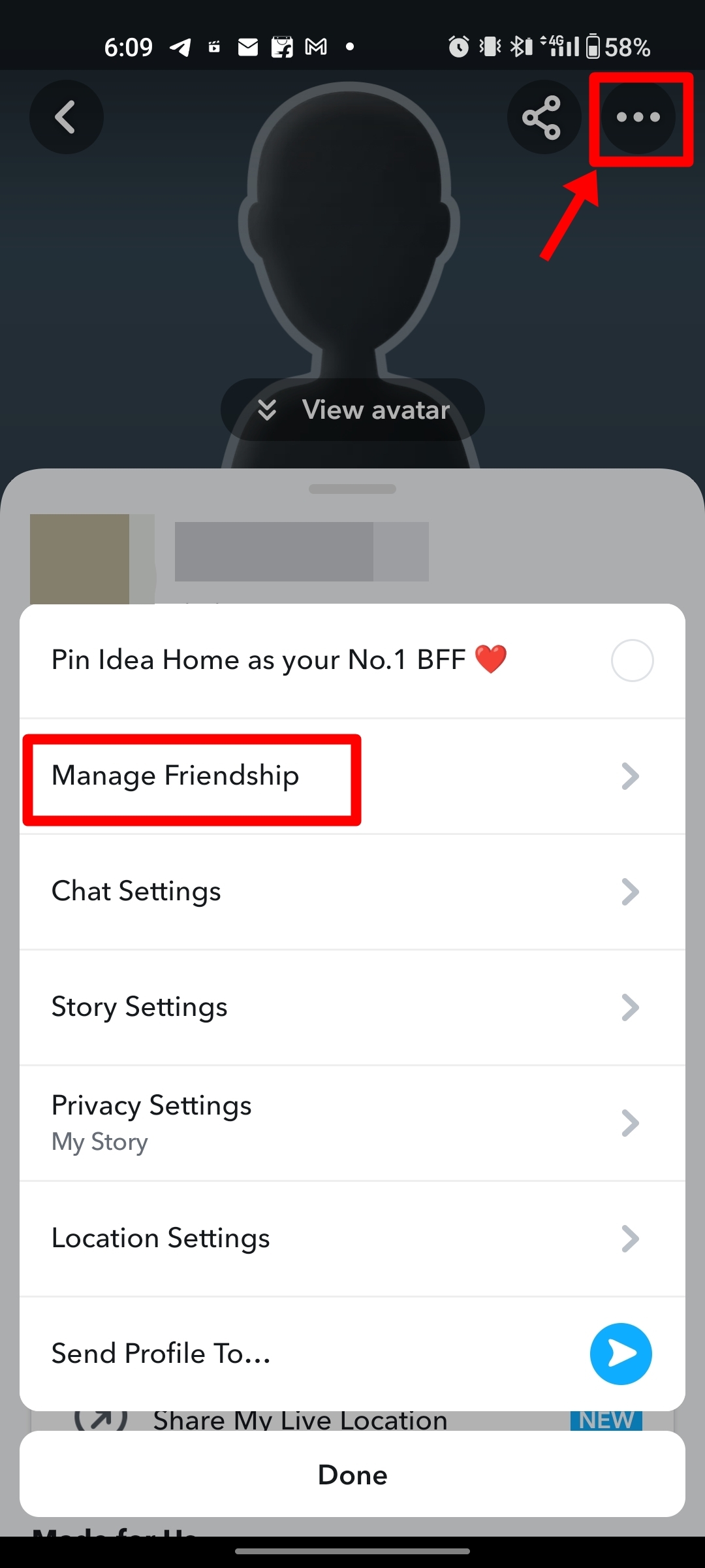 Block friends on Snapchat through profile