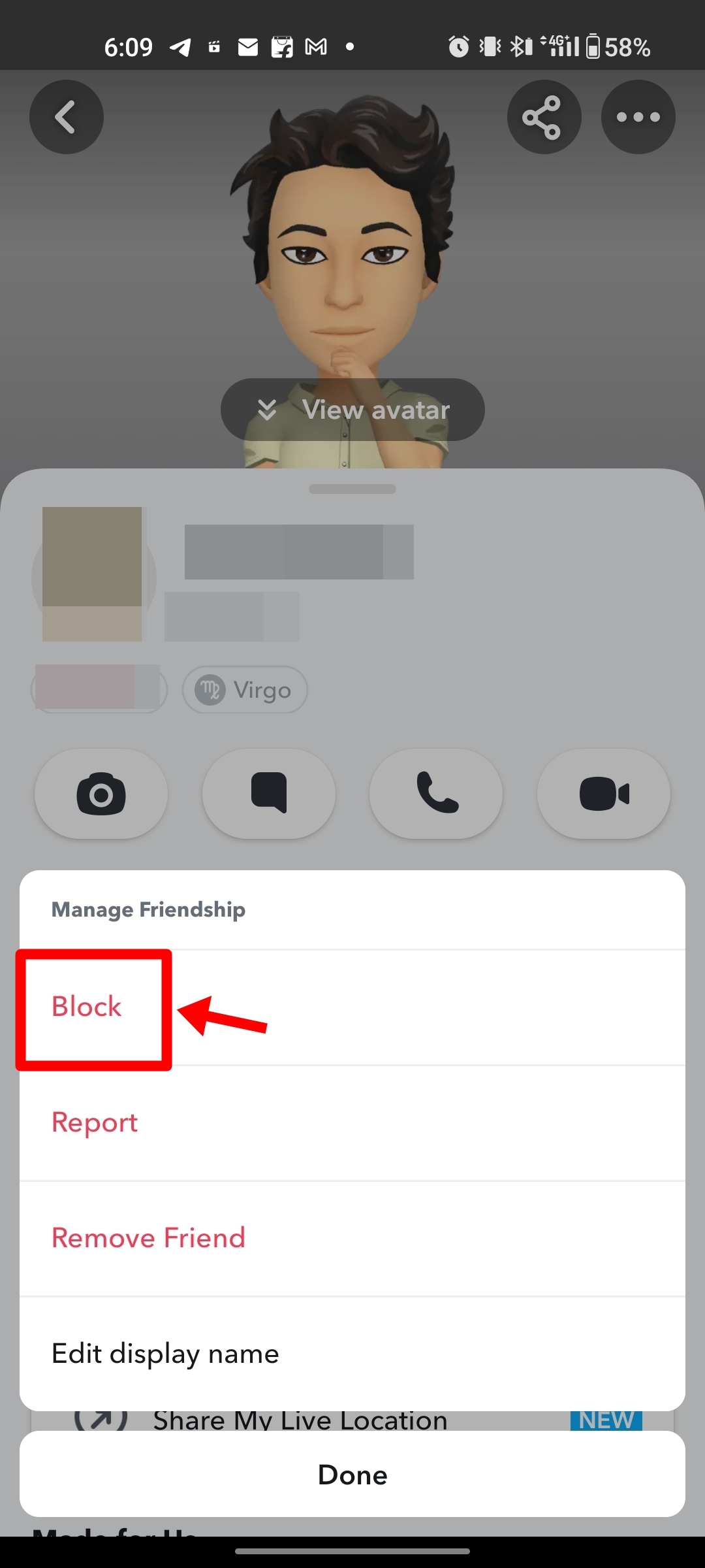 Block friends on Snapchat through profile