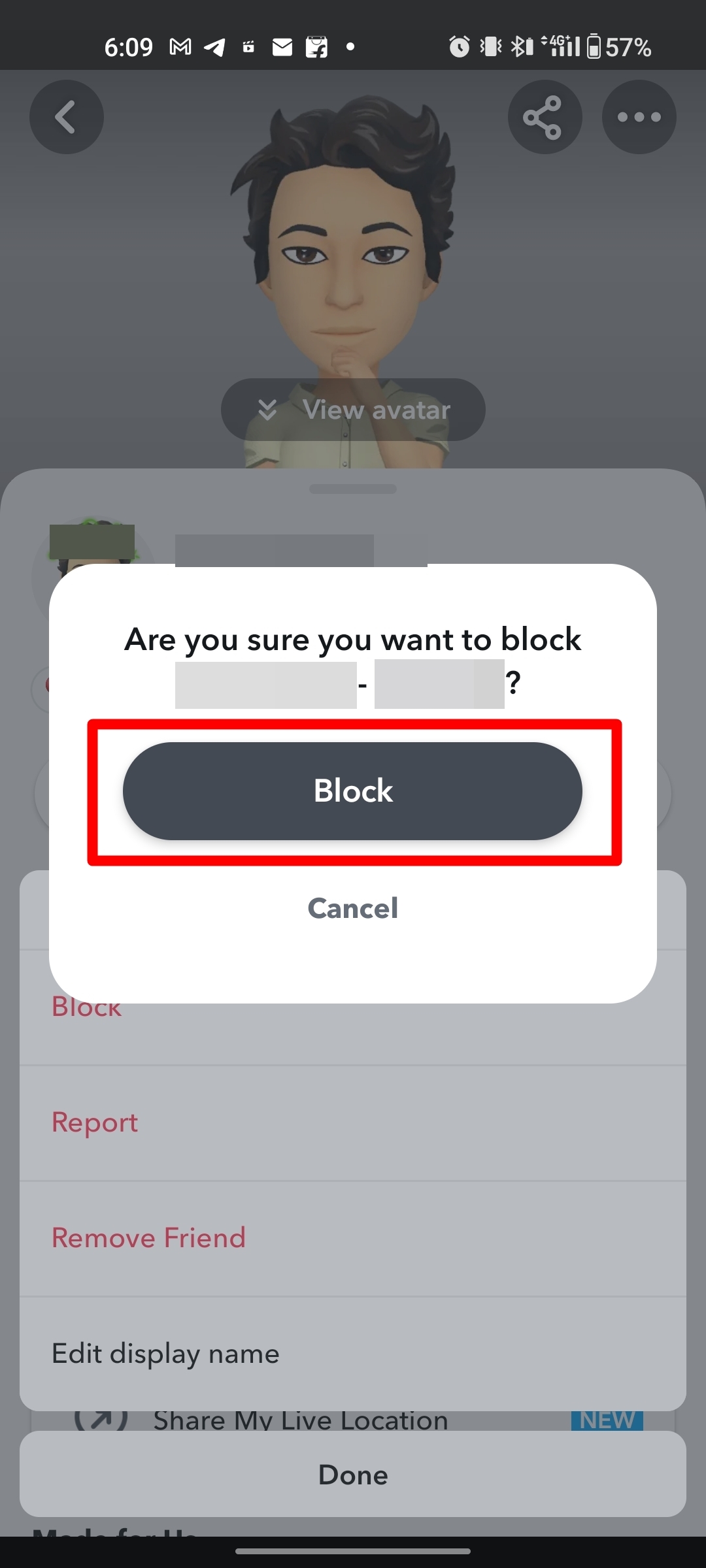 Block friends on Snapchat through profile