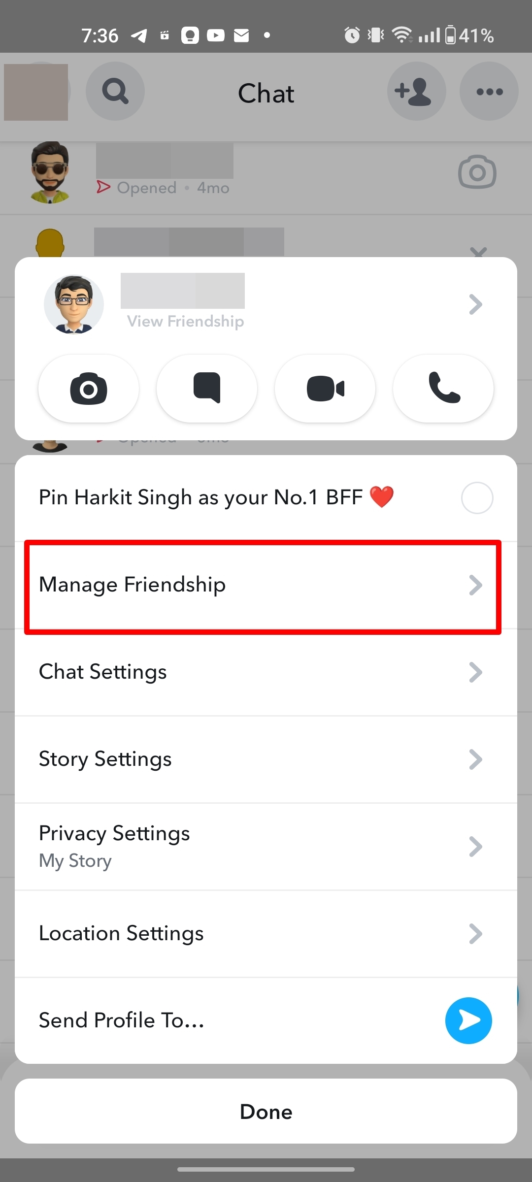 Block someone on Snapchat using Chats screen