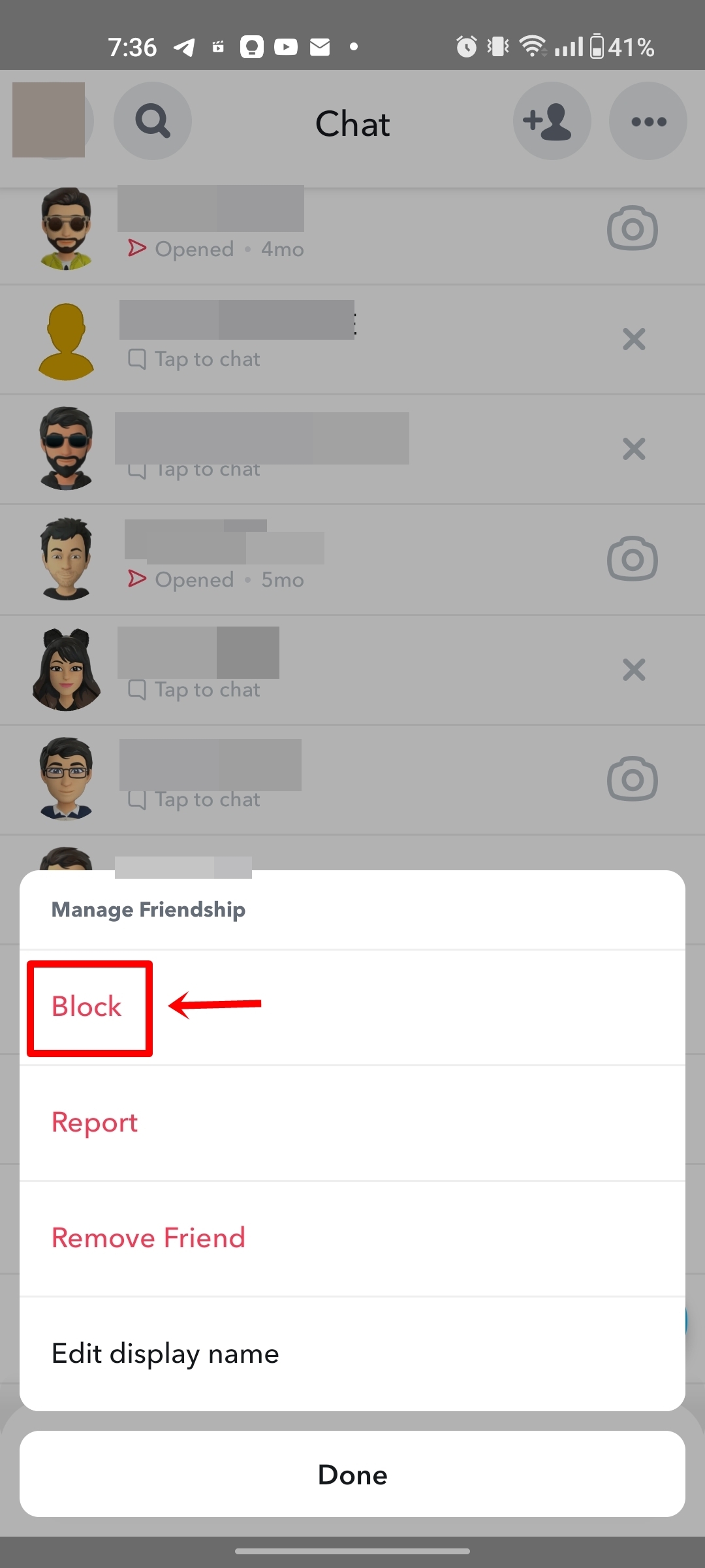Block someone on Snapchat using Chats screen
