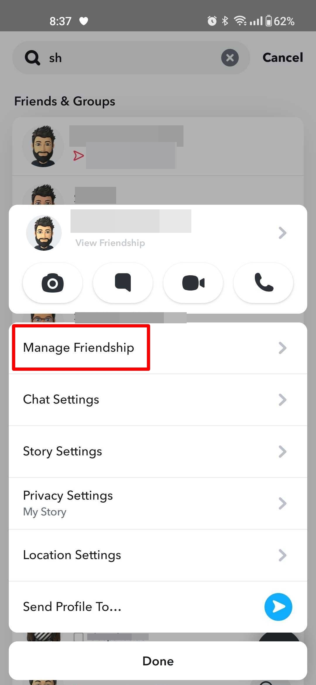 Block someone on Snapchat using search