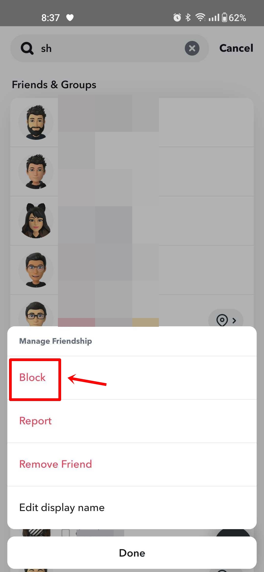 Block someone on Snapchat using search