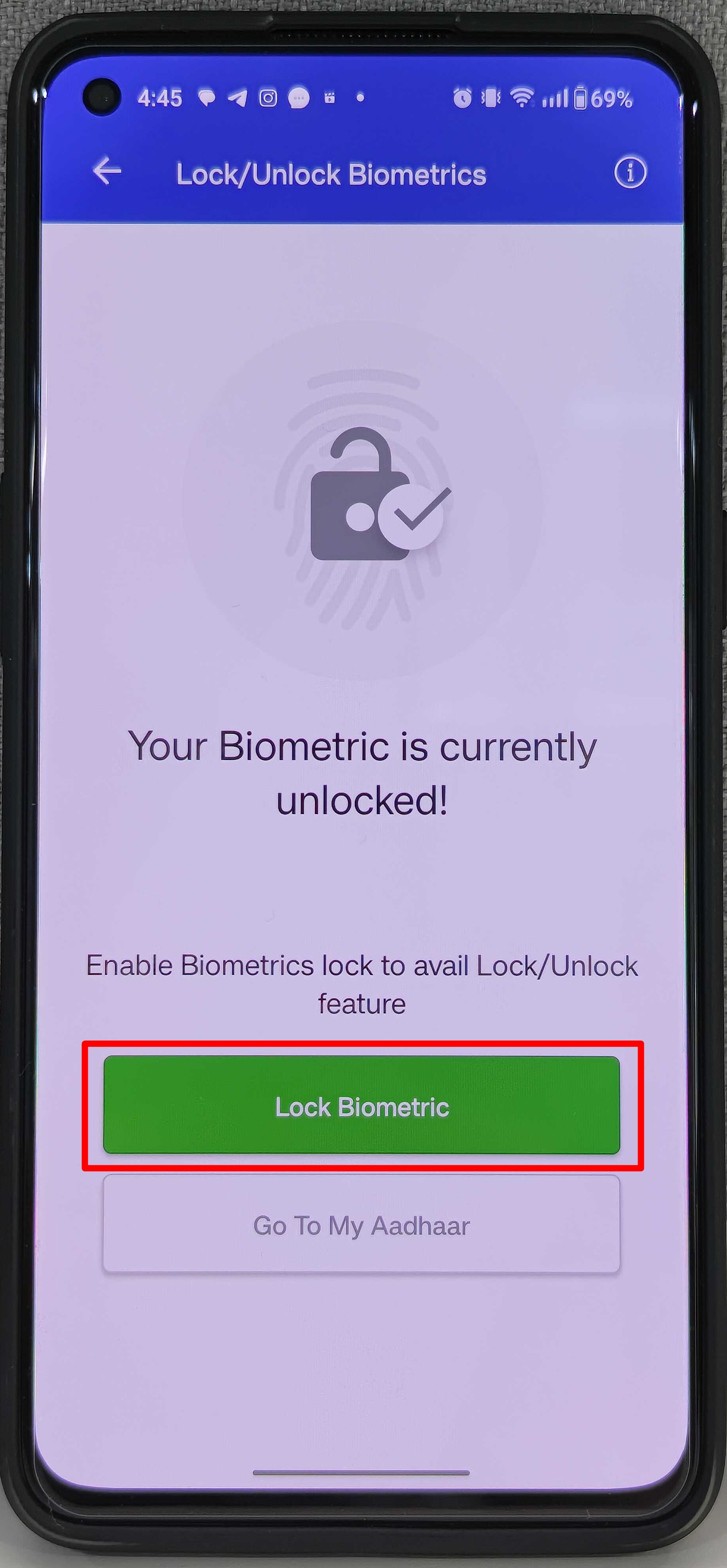 Lock Aadhaar biometrics on phone