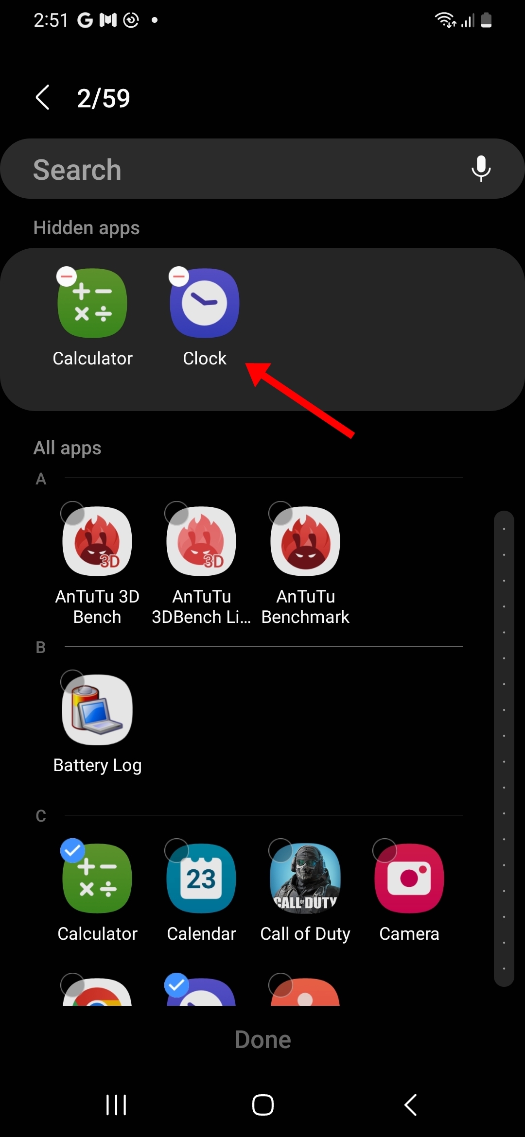Open hidden apps on Samsung phone through homescreen