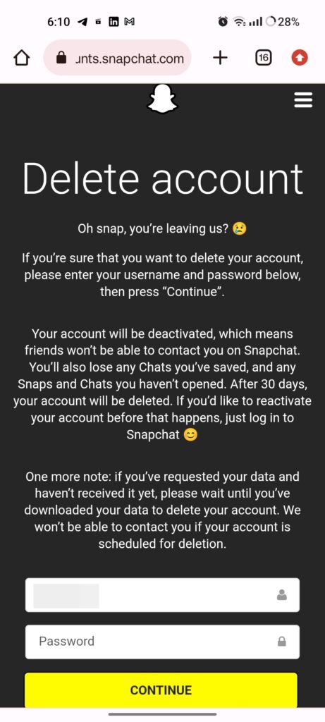 Snapchat delete confirmation