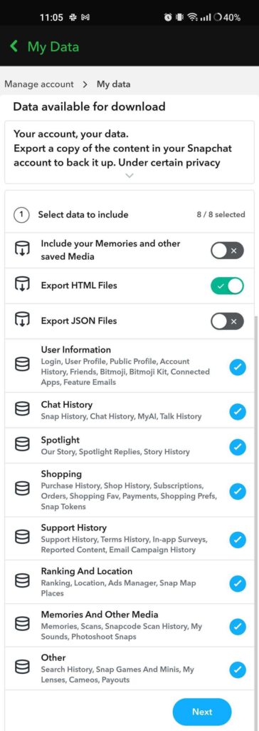 Snapchat types of data to download