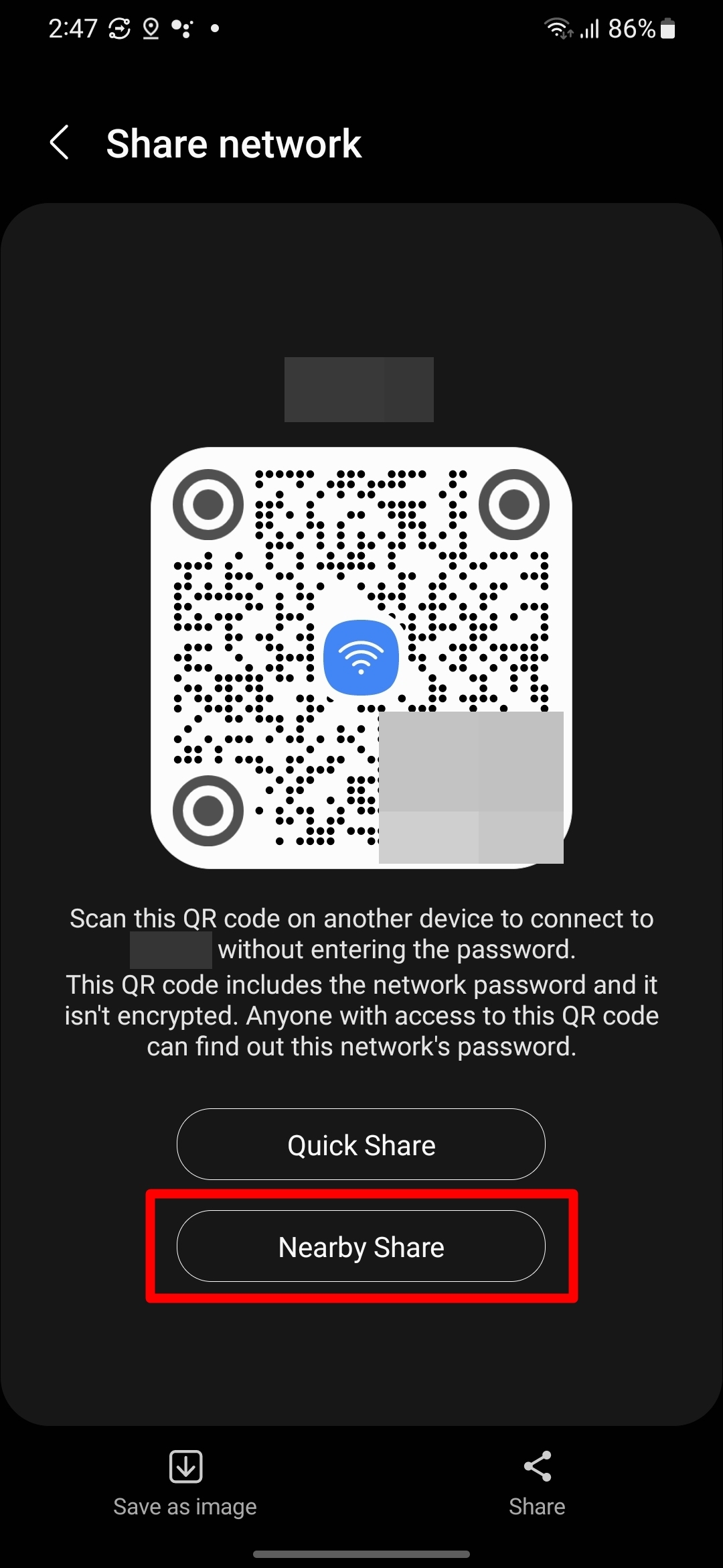 View WiFi password on Samsung phone through Nearby Share