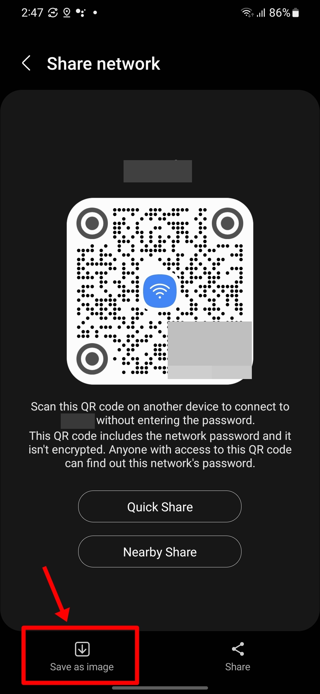 View WiFi password on Samsung phone through save as image
