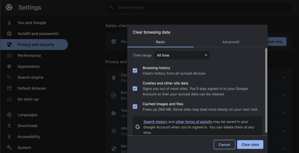 Clearing Chrome browsing data, history, cache, cookies