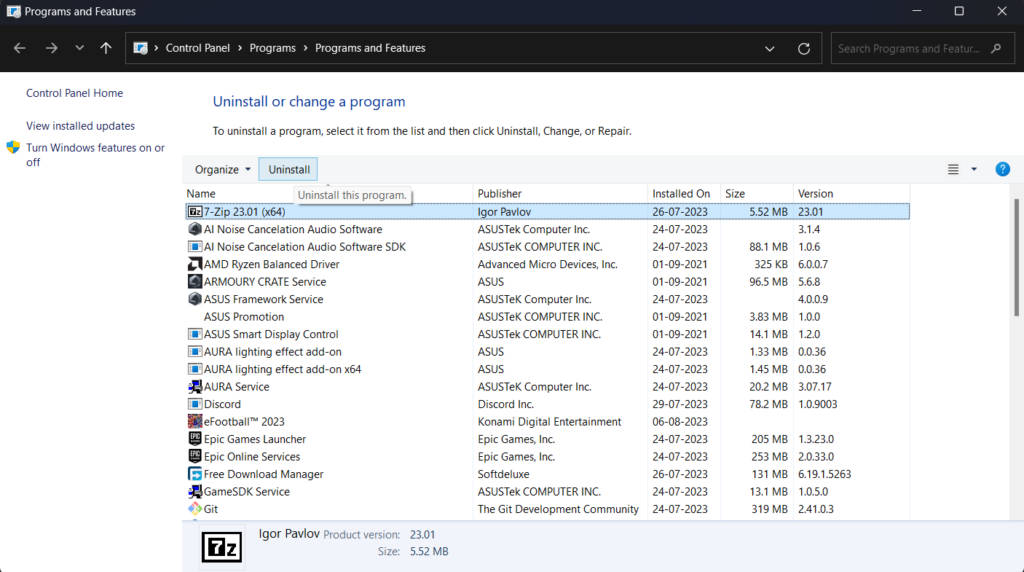 Windows uninstall program