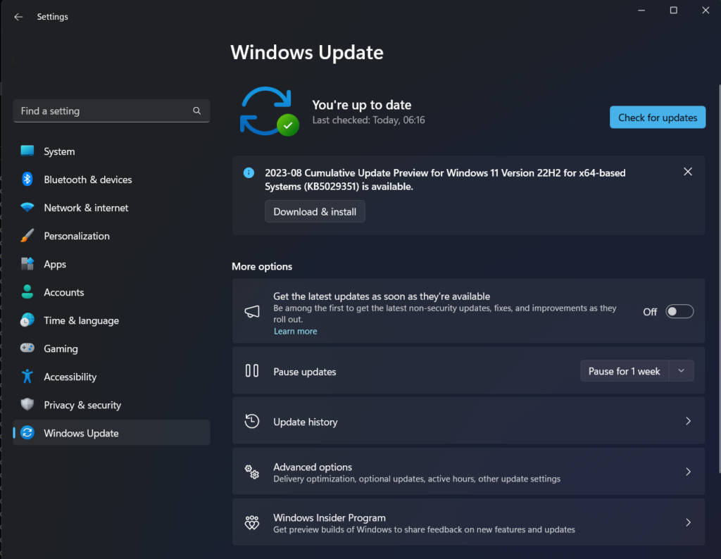 Windows update settings
