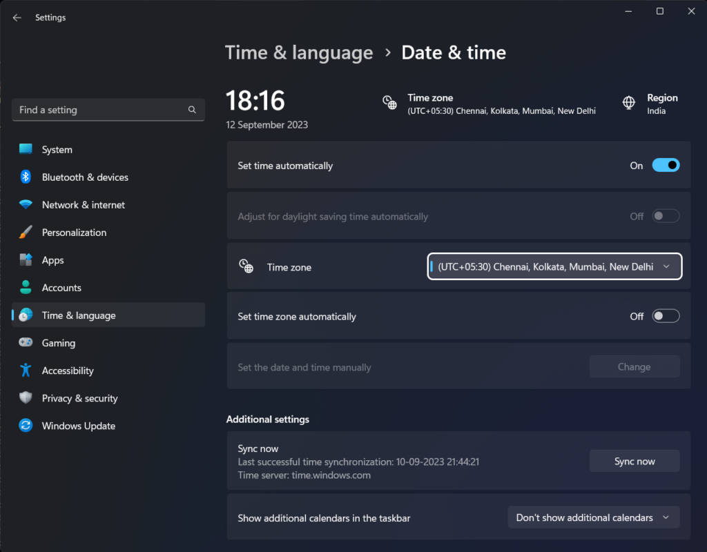 Windows Date and Time settings