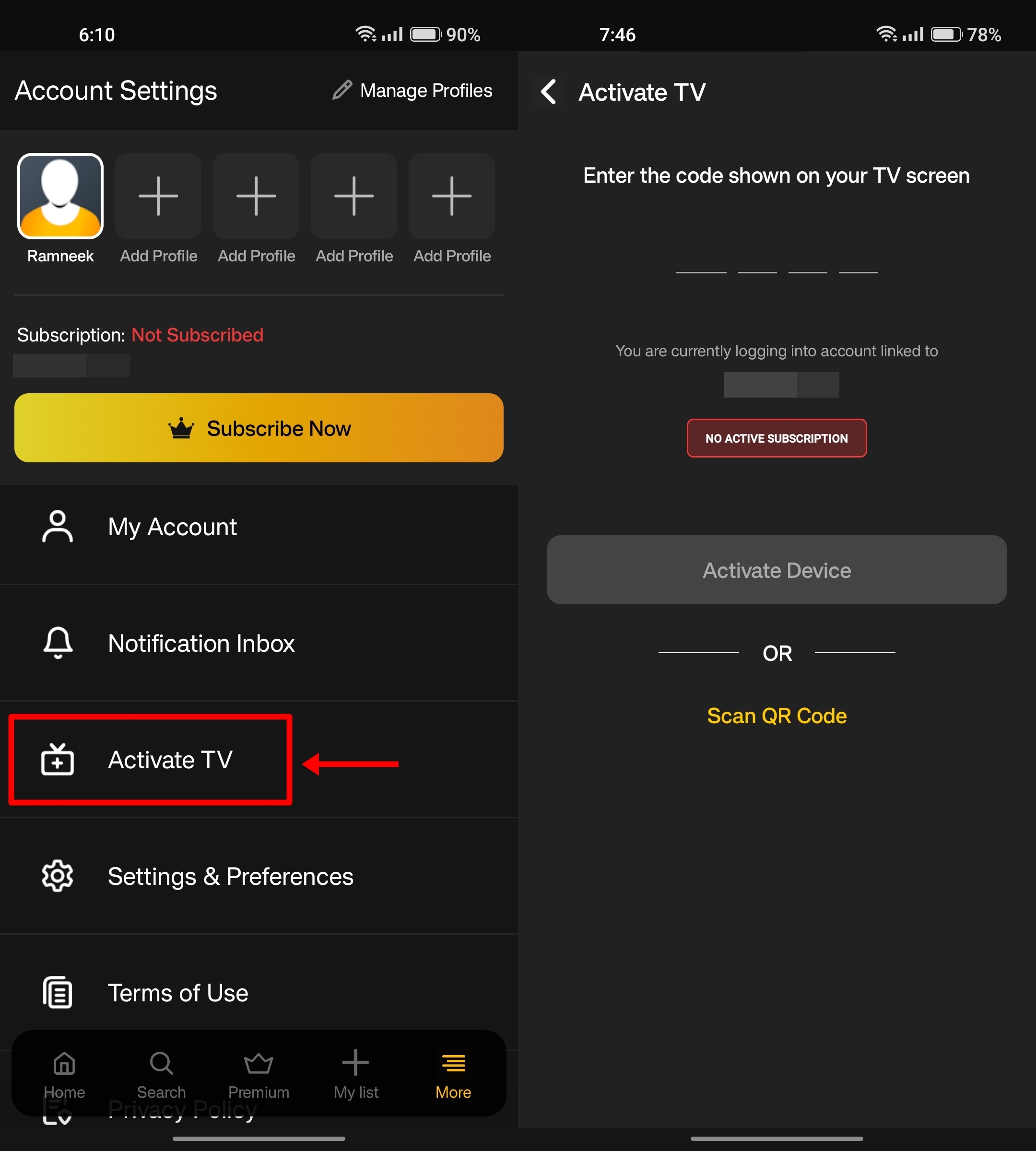 Activate Sony LIV on phone using app