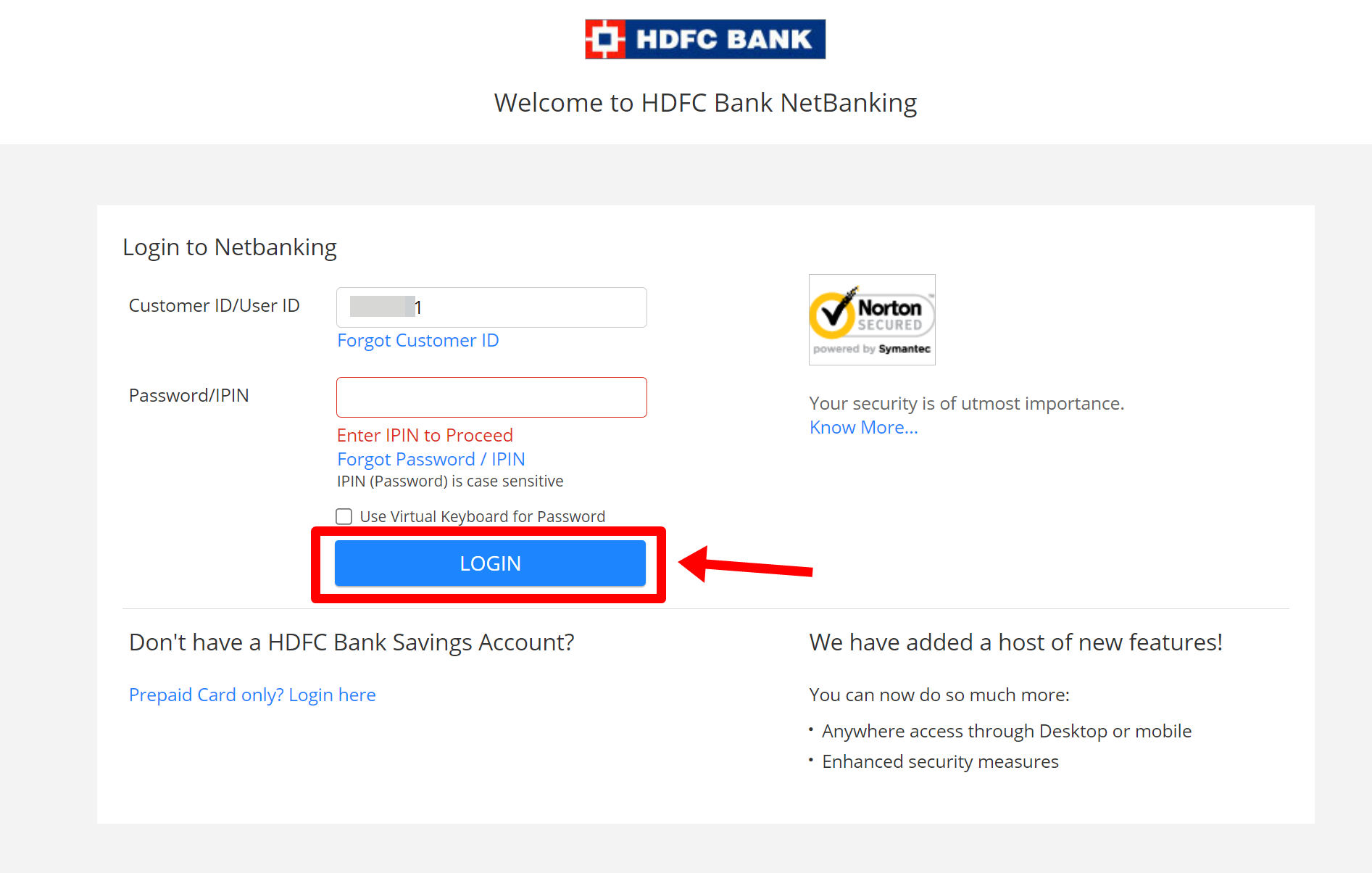Check HDFC Bank balance via internet banking